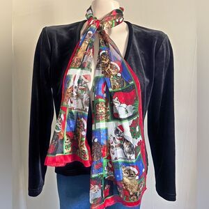 Vintage Christmas Cat Scarf Sheer Red Green Holiday Kitty Print Accessory
